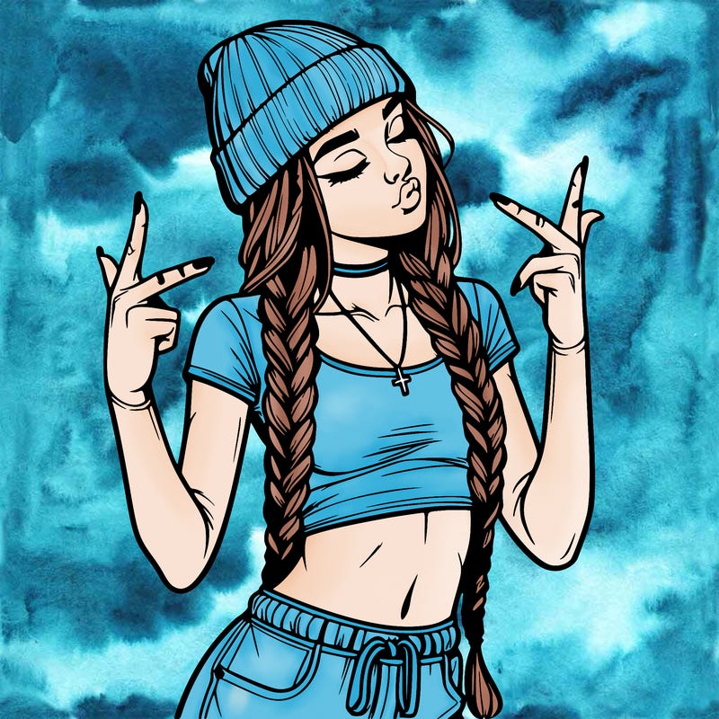 realistic teenage girl with braids and a beanie and crop top doing 🫶🏼