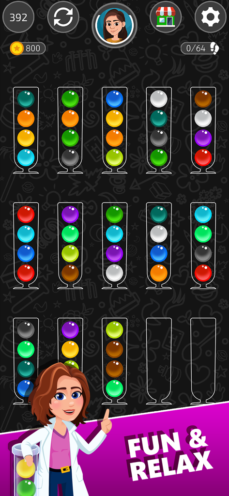 Ball Sort Master - Tela de jogo do Ball Sort Master mostrando bolas coloridas em tubos de vidro e um personagem de cientista