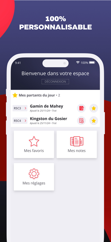 Tableau de bord personnalisé de l'application mobile Paris Turf affichant les chevaux favoris et les notes de pronostics.