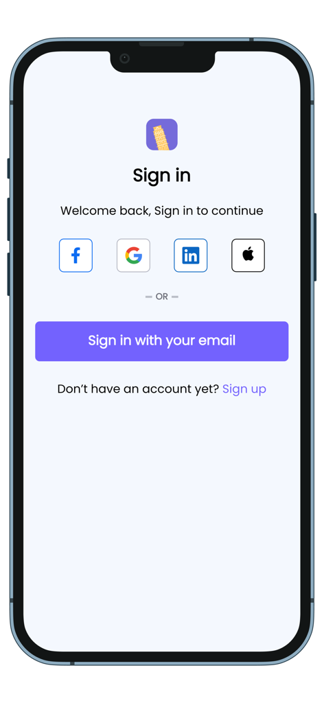 Sign in screen for the MyHistory app showing social login icons and email sign in button