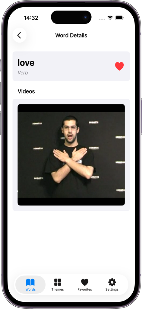 Sématos - Interface de l'application Sematos montrant une démonstration vidéo de langue des signes pour le mot amour