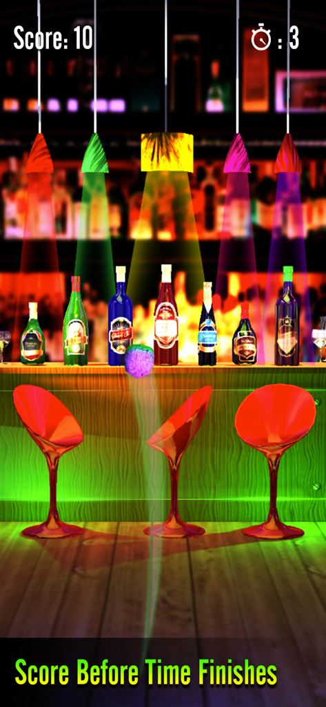 BottleShoot-Shoot Bottles - A 3D bottle shooting game interface featuring a bar setting with colorful bottles and a scoring system.