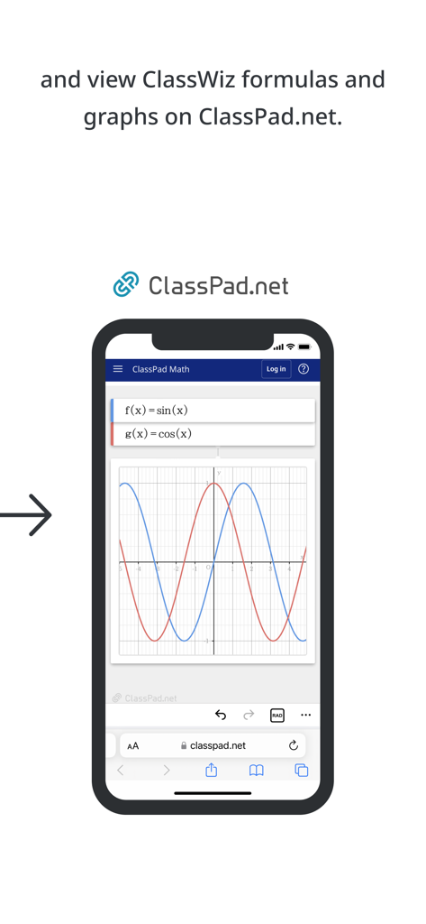Smartphone showing sine and cosine graphs on ClassPad.net