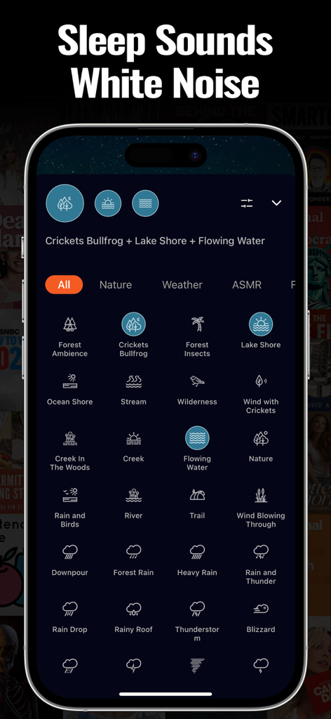 Castbox app interface showing a variety of sleep sounds and white noise options like nature and weather