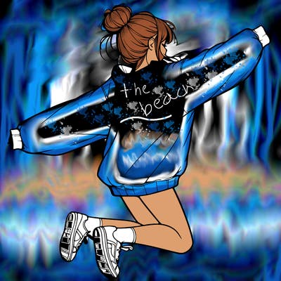 realistic girl jumping with a bun and oversized sweatshirt
