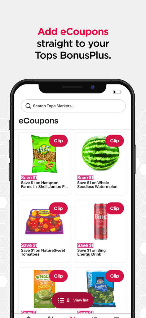 Tops Markets - Mobile app interface of Tops Markets showing digital ecoupons for groceries like watermelon and tomatoes with clip buttons for BonusPlus rewards.