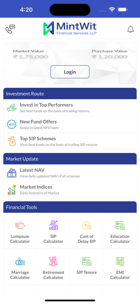 MintWit - MintWit mobile app screen displaying investment options and various financial calculators