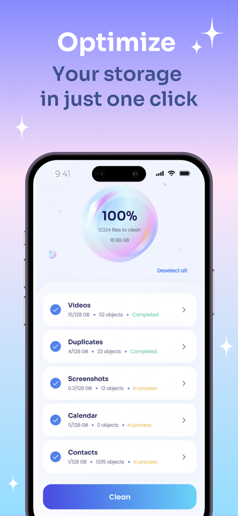 CleanApp Pro: Storage Cleaner - Interfaz de CleanApp Pro mostrando la optimización de almacenamiento con un clic para duplicados y capturas de pantalla del iPhone
