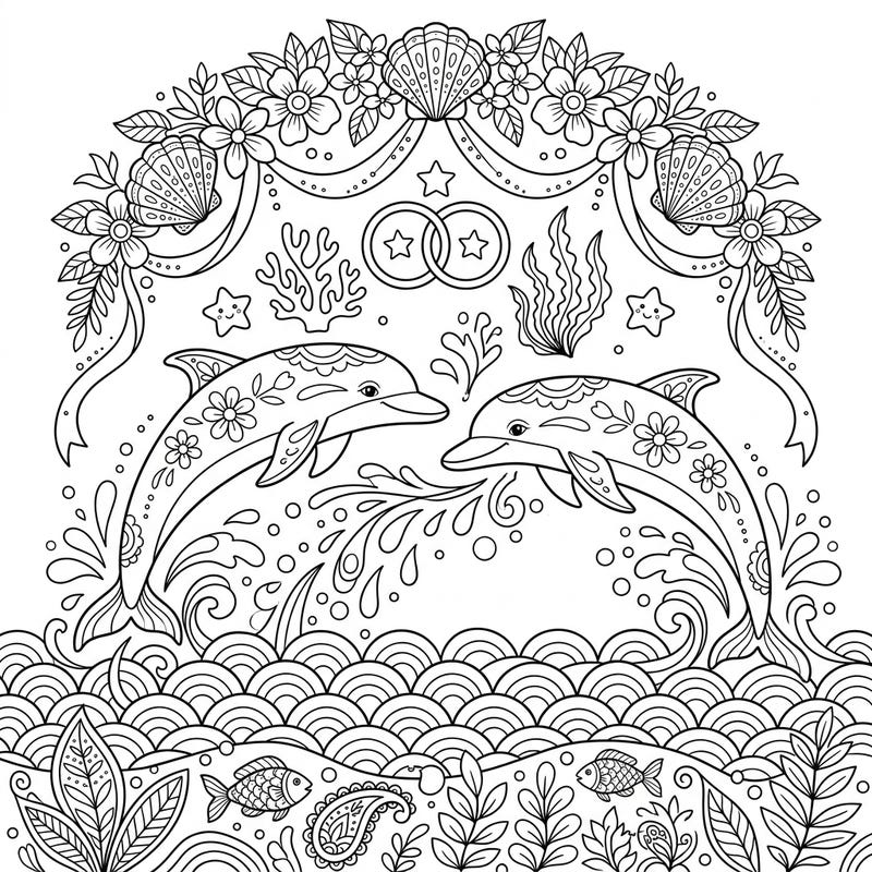 Dive into a joyous underwater celebration with our enchanting Spinner Dolphins Wedding coloring page. This intricate design features playful dolphins, elegant wedding rings, and a beautiful floral arch, perfect for a relaxing coloring escape.