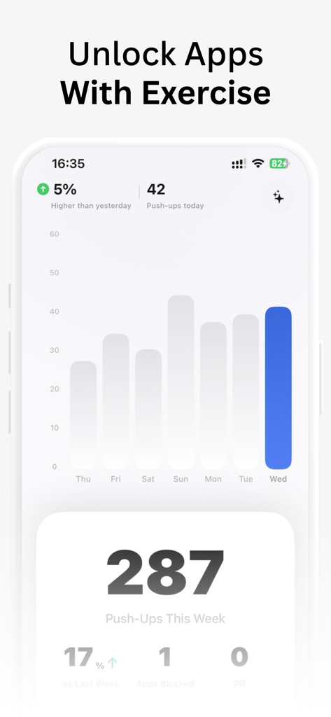 PushUp Time app dashboard displaying weekly exercise progress and push up statistics