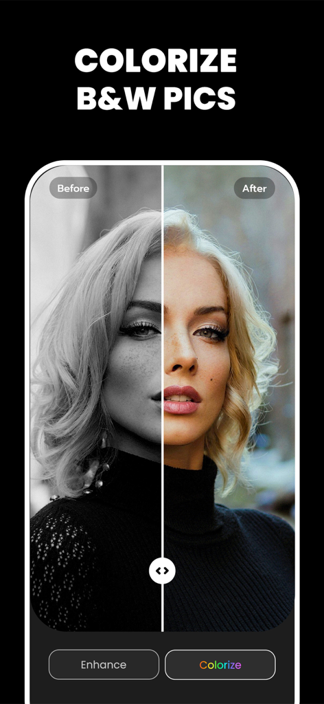 Unblur Clear Image·Enhancer AI - Before and after comparison of a black and white portrait colorized with Unblur AI