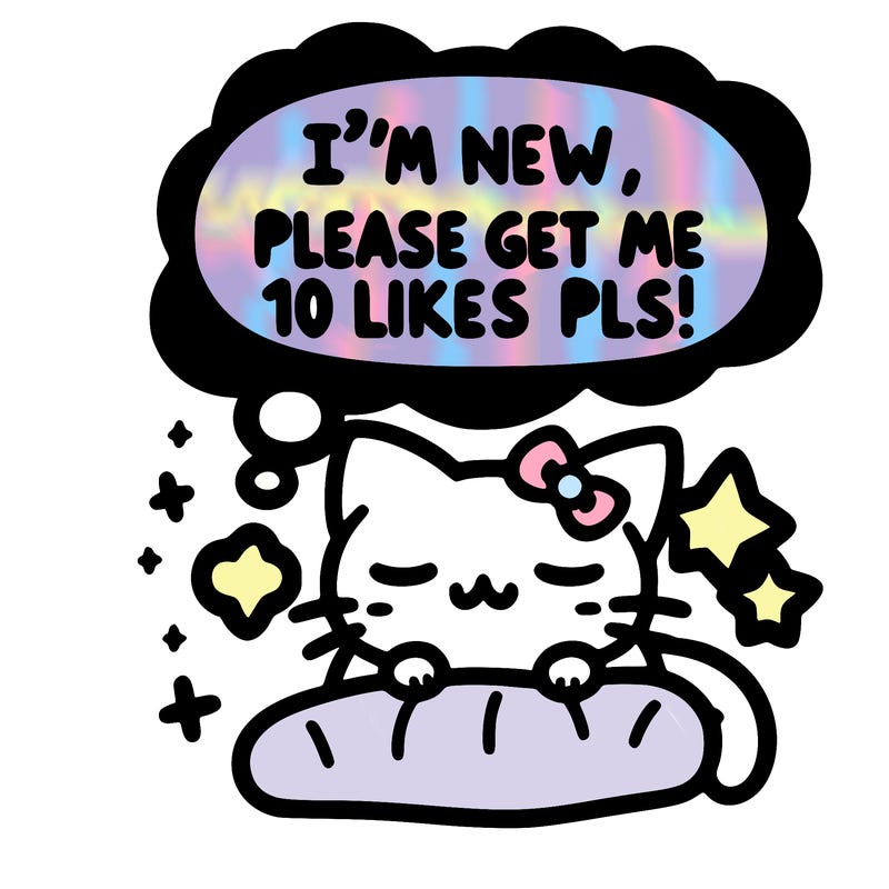kitty taking a nap dream talking and saying "i'm new, please get me at least 10 likes pls!!"