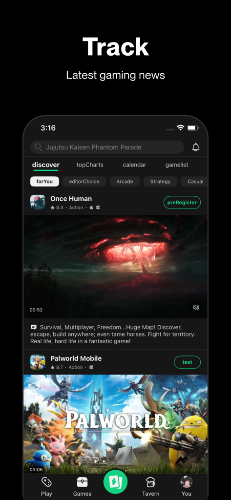 TapTap - TapTap mobile app interface showing latest gaming news and discovery feed with games like Once Human and Palworld.