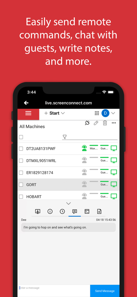 Mobile interface of ConnectWise Control showing remote machine management and technical support chat