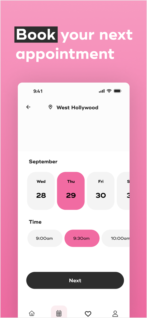 LaserAway Mobile App-Bildschirm zur Buchung eines Termins für medizinische Dermatologie mit Anzeige der Datum- und Zeitauswahl