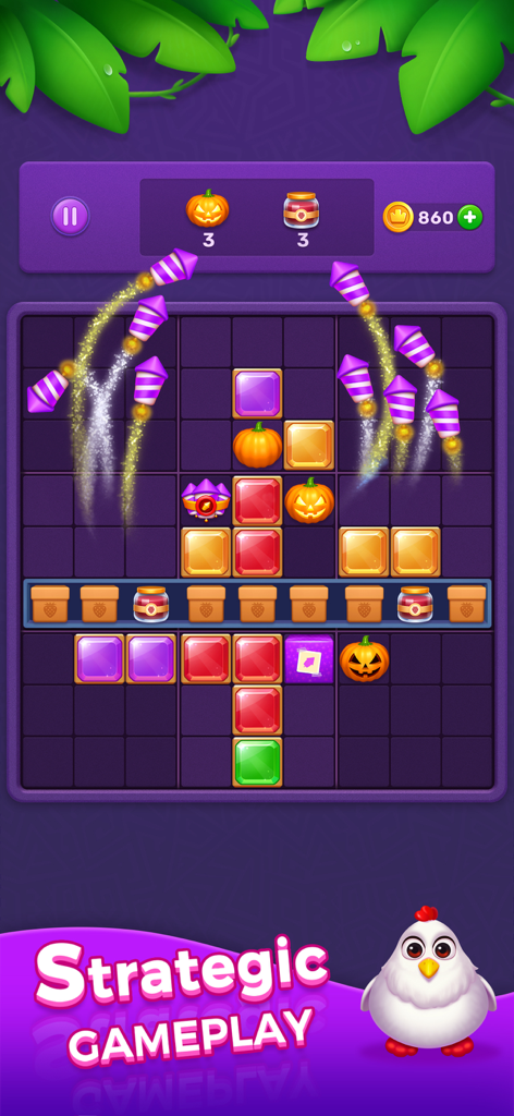 Juego estratégico de puzles de bloques con coloridas gemas y potenciadores de cohete en una cuadrícula de 9x9