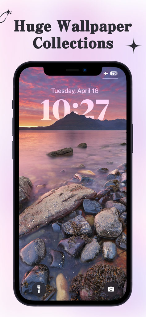 ThemeBox -Widgets,Themes,Icons - An iPhone lock screen displaying a scenic sunset landscape wallpaper with mountains and a lake from the ThemeBox app.