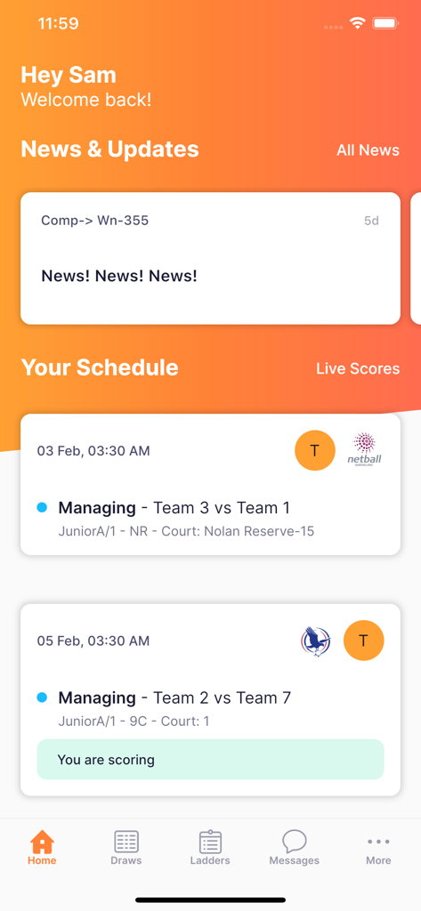 NetballConnect - NetballConnect app home screen displaying news updates and a personalized netball game schedule for managers and players
