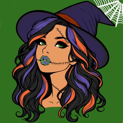 realistic witch girl with wavy hair and lips