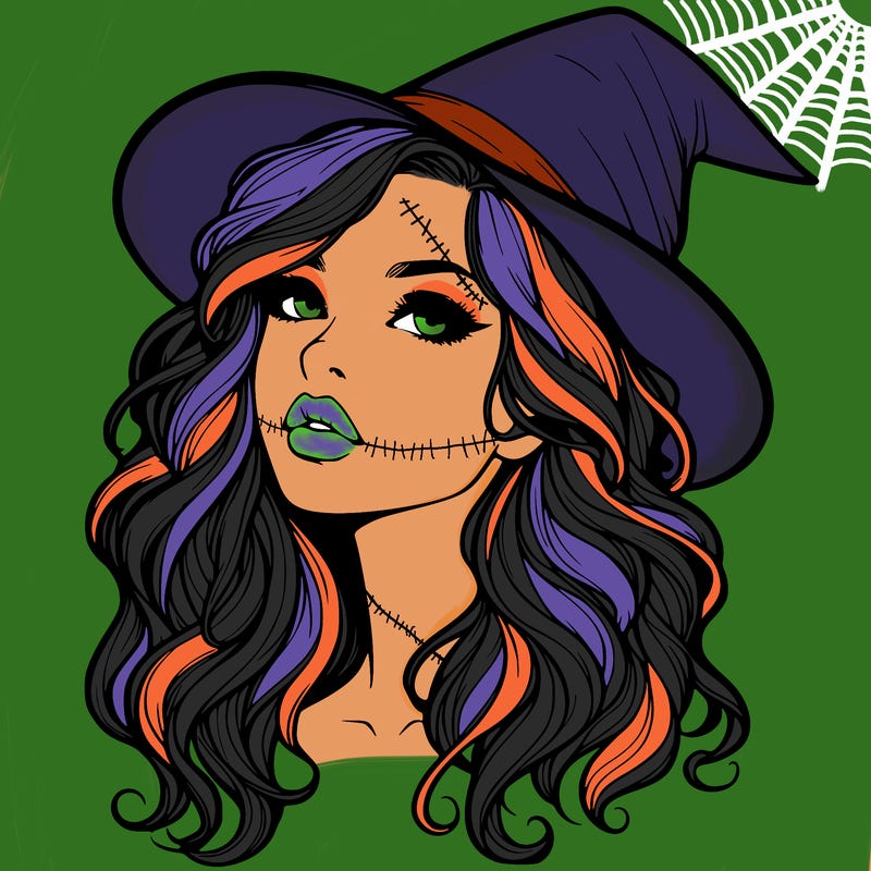 realistic witch girl with wavy hair and lips