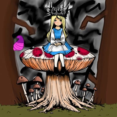 realistic girl sitting on a huge tree stump size toadstool with thorn crown