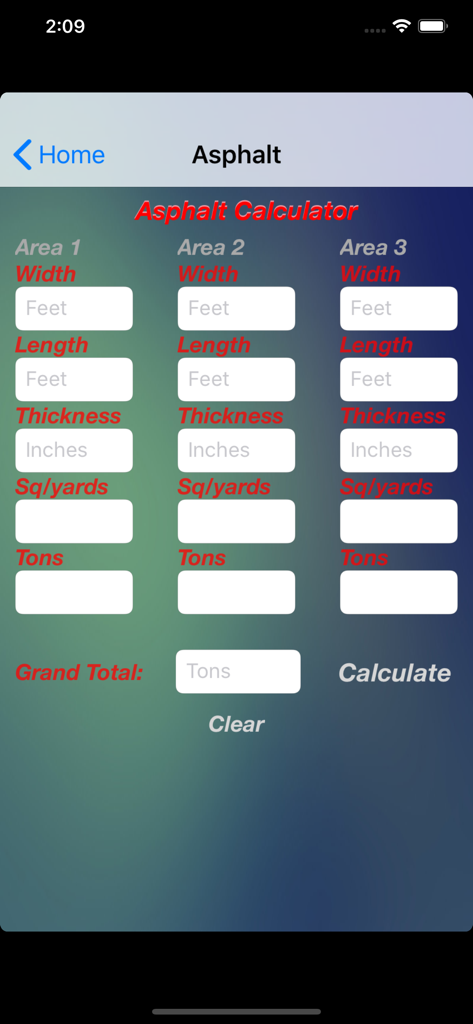 Asphalt calculator interface with fields for calculating paving tonnage