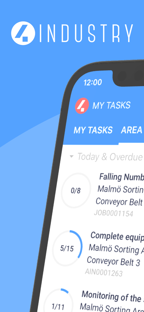 4Industry for InTune app interface showing a list of industrial tasks and job progress trackers
