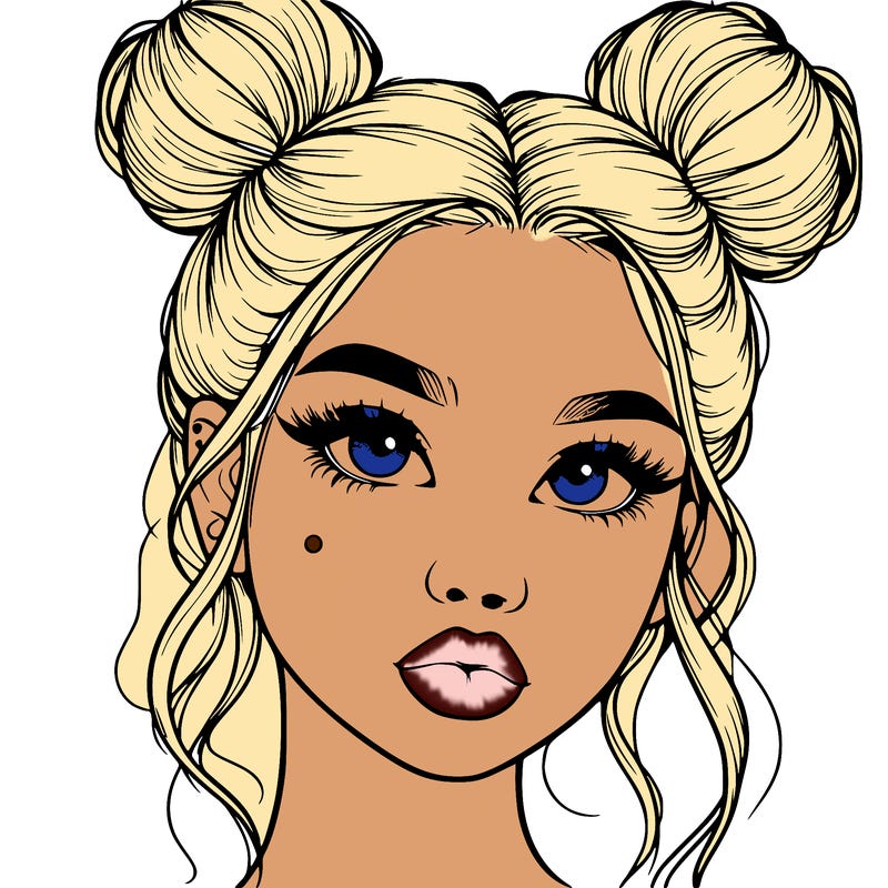 realistic girl with two buns on her hair and lips