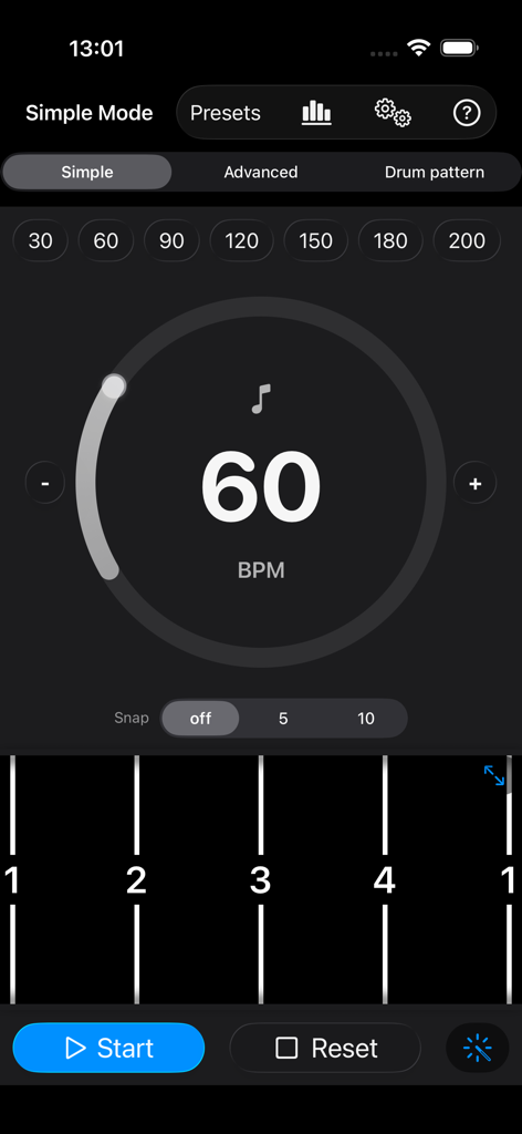 Perfect Timing - Perfect Timing app simple mode interface showing a metronome set to 60 BPM with beat indicators