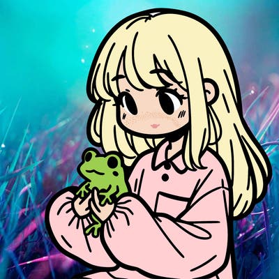 girl with long hair and a oversized shirt. and she is holding a frog