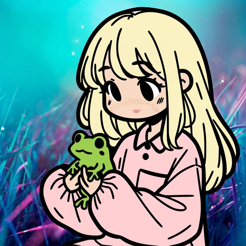 girl with long hair and a oversized shirt. and she is holding a frog