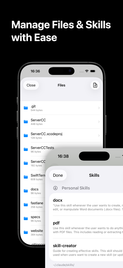 ServerCC mobile app interface for managing server files and Claude Code skills