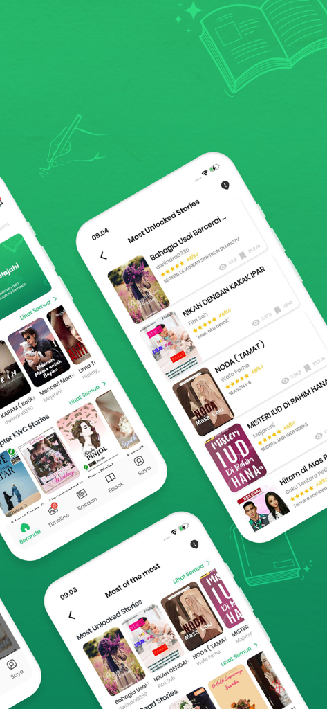 KBM App - KBMアプリのインターフェースに、モバイル画面で人気のインドネシアのデジタルストーリーと本の表紙が表示されています
