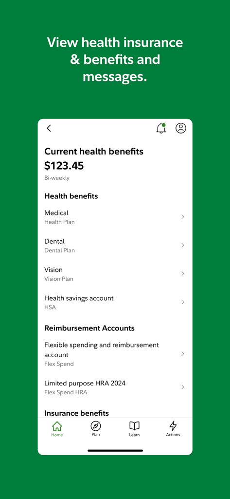 NetBenefits mobile app interface showing current health benefits and reimbursement accounts