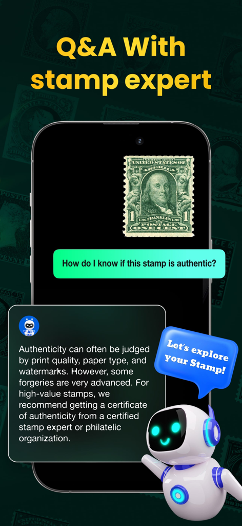 A mobile app screen showing a chat with an AI stamp expert about how to verify stamp authenticity