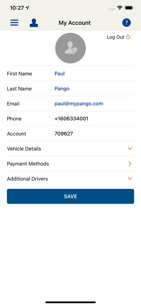 Pango Parking app My Account screen showing personal details and vehicle settings