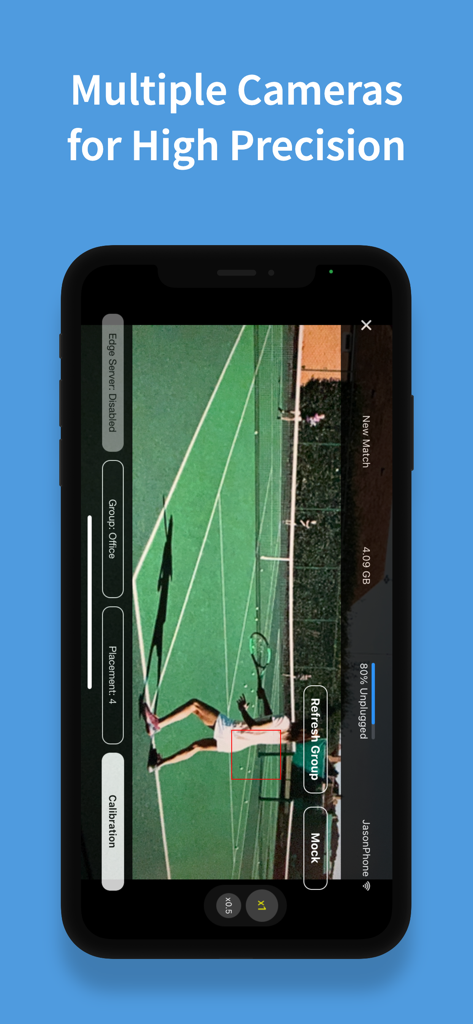 eyes3: AI LineCall and VAR - Interface of the eyes3 app showing AI camera tracking on a tennis court with the text Multiple Cameras for High Precision