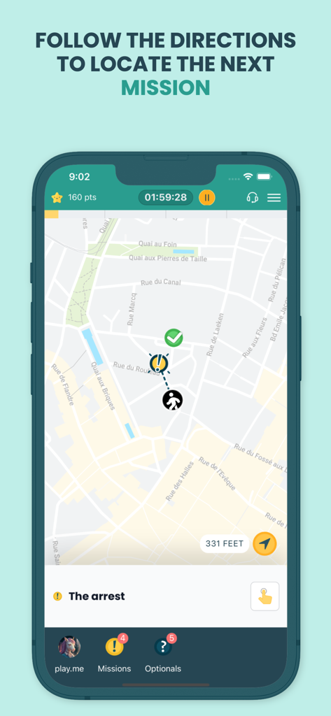 Coddy - Interface de l'application Coddy montrant une carte de la ville avec des marqueurs pour une mission de jeu d'évasion urbaine.