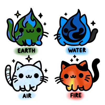 4 cats that represent the different elements, earth, water, air, and fire