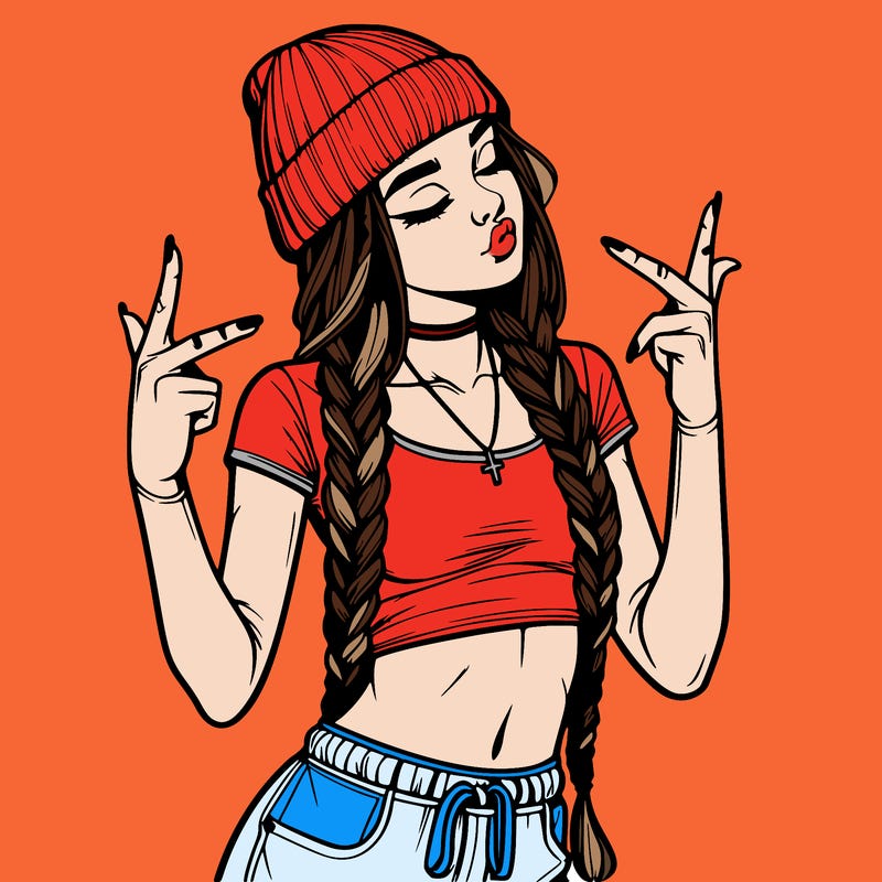 realistic teenage girl with braids and a beanie and crop top doing 🫶🏼