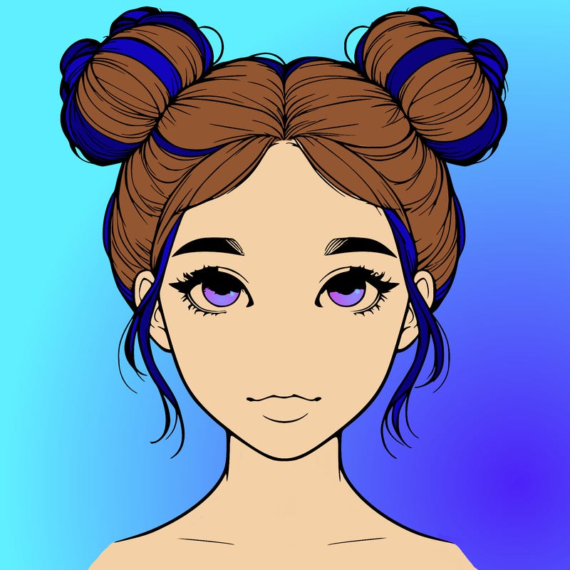 realistic girl with two buns on top of her head
