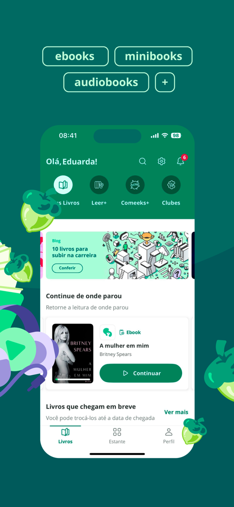 Skeelo: Audiobooks & Ebooks - Skeelo mobile app interface showing ebooks and audiobooks library