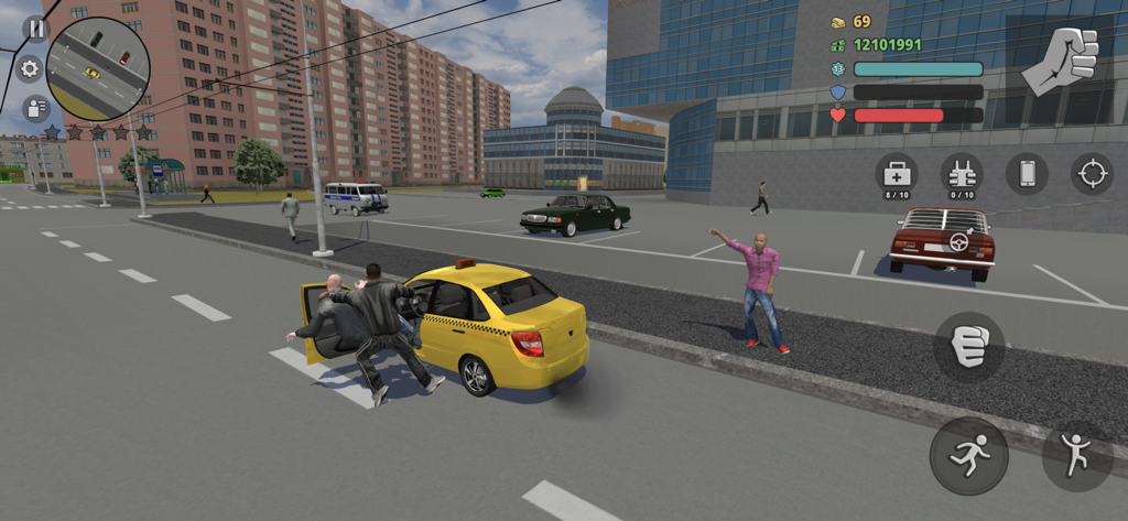 Criminal Russia 3D. Boris - Ein Charakter stiehlt ein gelbes Taxi auf einer Stadtstraße in einem Gameplay-Screenshot von Criminal Russia 3D.