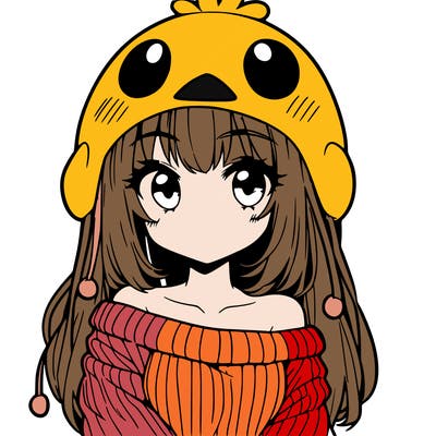 anime girl with chick shaped hat with sweater with bare shoulders with bangs covering them one eye with low tail