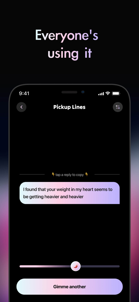 Plug AI - AI Dating Assistant - Interface de smartphone do aplicativo assistente de namoro Plug AI mostrando uma cantada gerada e um botão para solicitar outra.