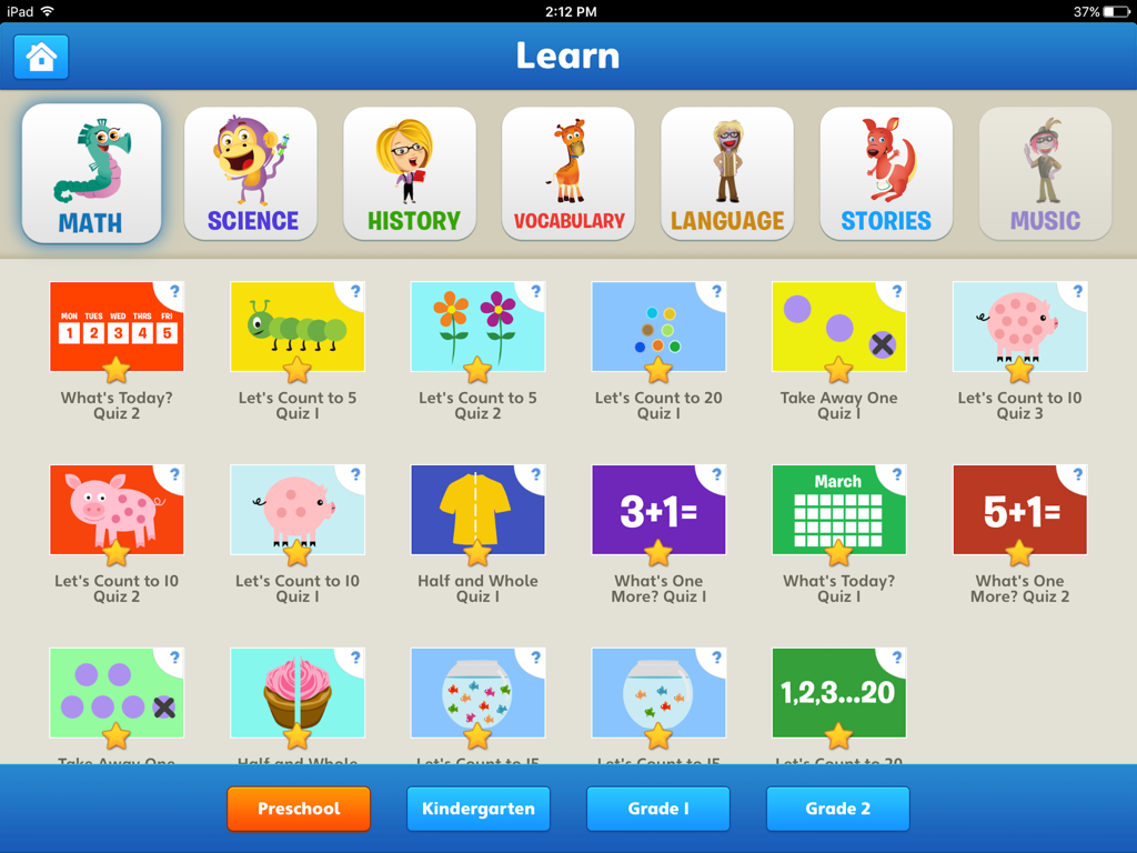 Skwids HD - A menu of preschool math quizzes and educational categories within the Skwids HD app.