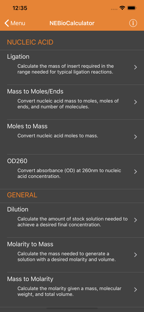 NEB Tools - NEBioCalculator screen listing various molecular biology calculation tools