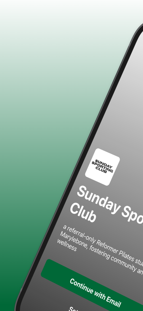 Sunday Sporting Club app welcome screen for a referral only reformer pilates studio