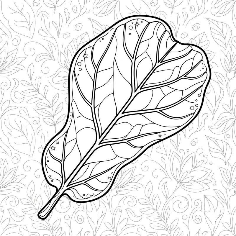 Dive into the beauty of nature with this exquisite Fiddle Leaf Fig Leaf coloring template. Its distinct violin-shaped form and intricate botanical background promise a relaxing and rewarding artistic journey.