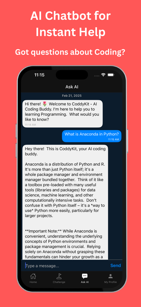 CoddyKit: Learn Coding with AI - Mobile interface of CoddyKit app featuring an AI chatbot answering a question about Anaconda in Python